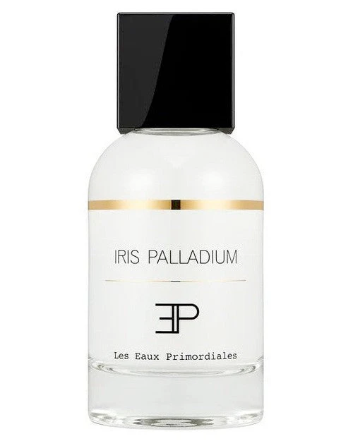 Perfume bottle labeled 'Iris Palladium' by Les Eaux Primordiales on a white background
