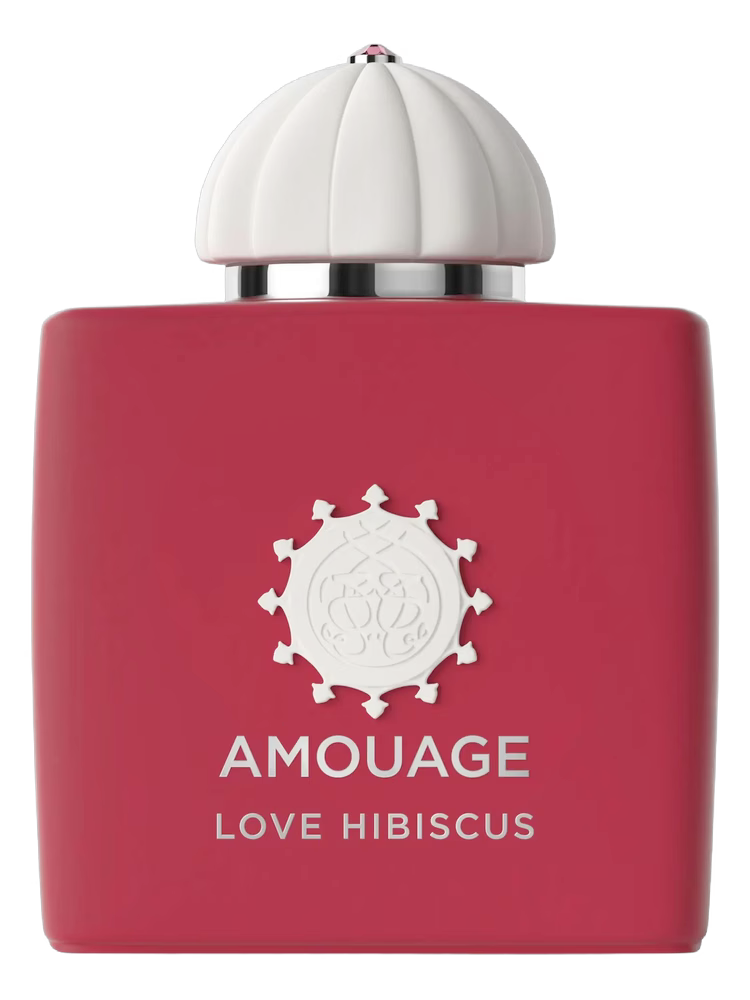 Red Amouage Love Hibiscus perfume bottle with white cap on a white background